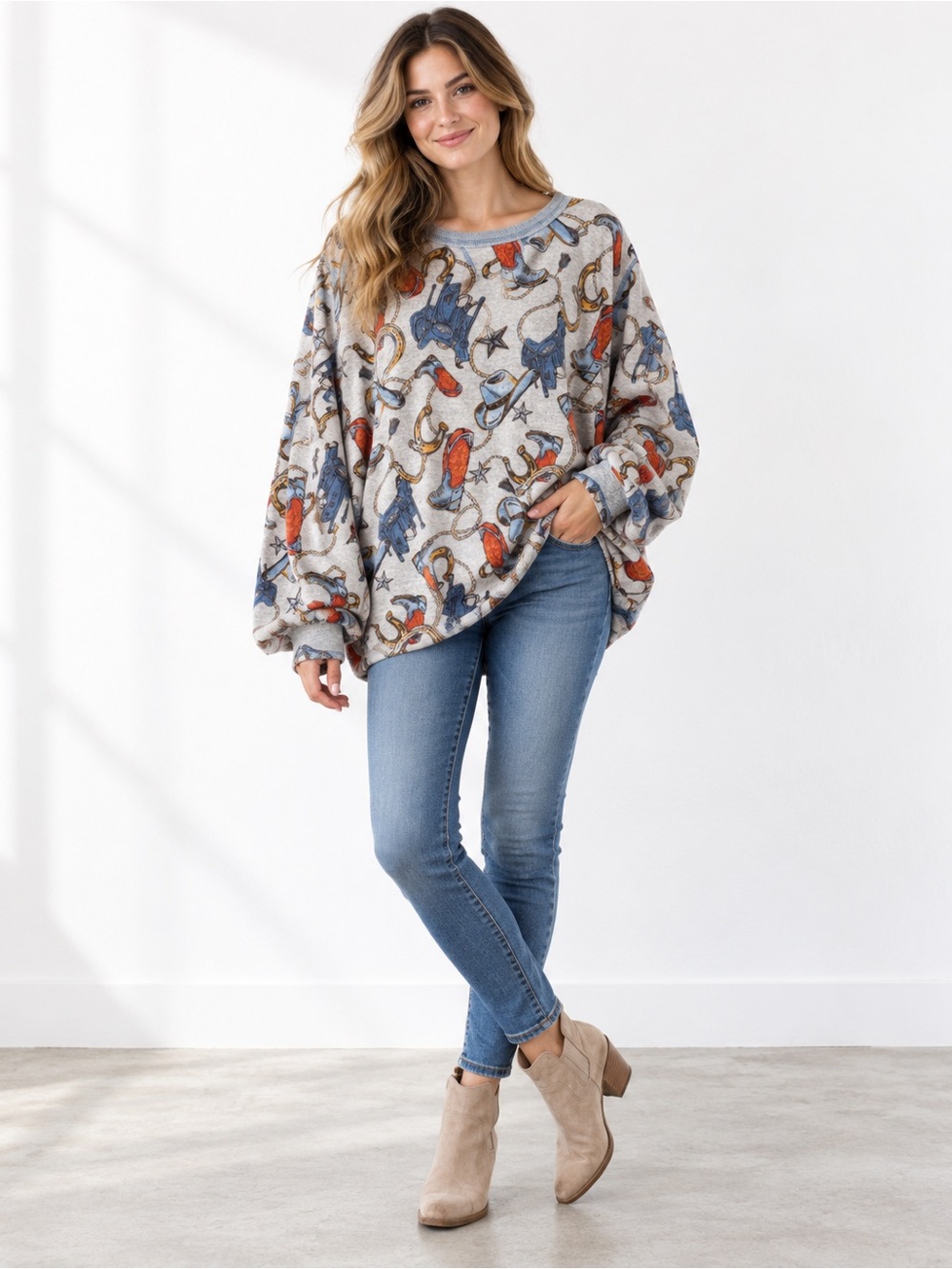 Easel Printed Crewneck Pullover Sweater - Cream with Blue & Orange